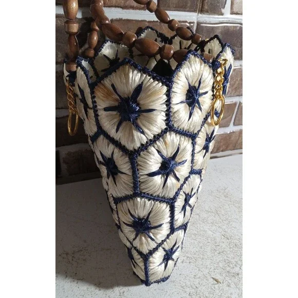 Vintage Straw Woven Blue Star Handbag - Picture 5 of 12